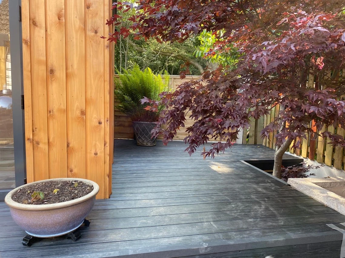 Completed composite decking and garden joinery project by Joseph Joinery Ltd